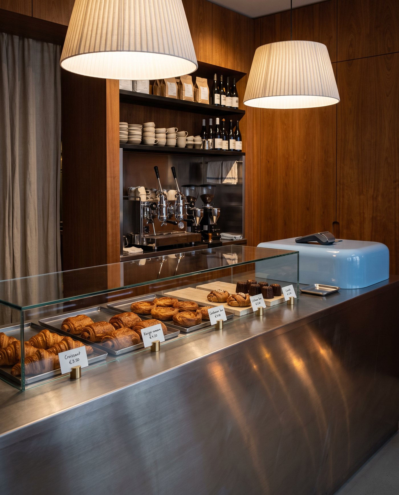 Café interior with walnut panelling, a stainless steel counter and pleated pendant lights